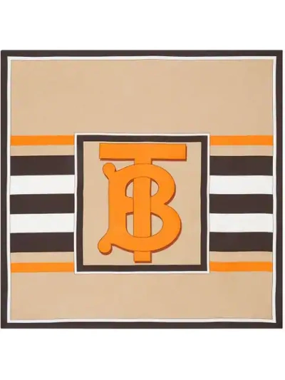 BURBERRY 经典LOGO标志条纹印花方巾 - 大地色