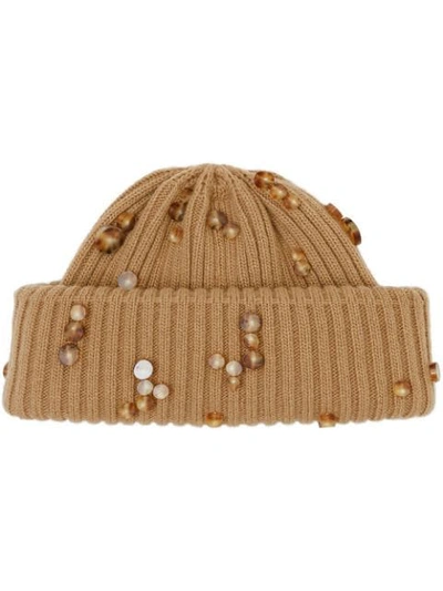 Shop Burberry Embellished Rib Knit Wool Beanie In Brown