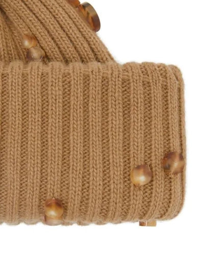 Shop Burberry Embellished Rib Knit Wool Beanie In Brown