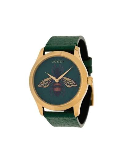 Shop Gucci G-timeless Bee Print Leather Watch In Green