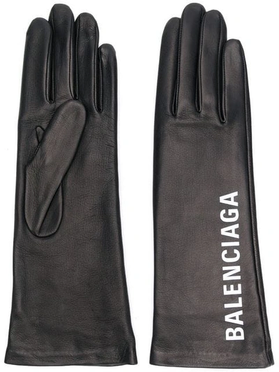 Shop Balenciaga Logo Print Gloves - Black