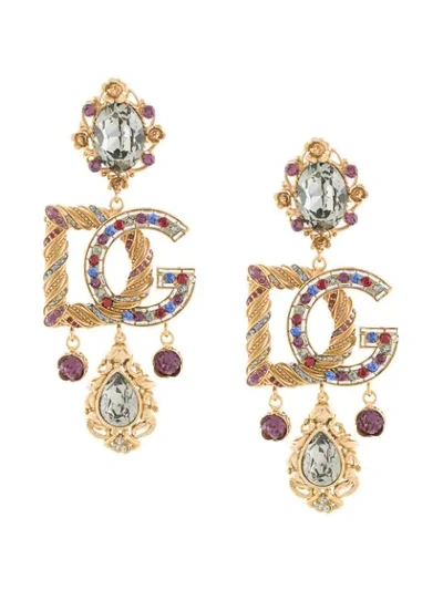 Shop Dolce & Gabbana Crystal Embellished Logo Drop Earrings In Yellow