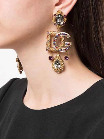 Shop Dolce & Gabbana Crystal Embellished Logo Drop Earrings In Yellow