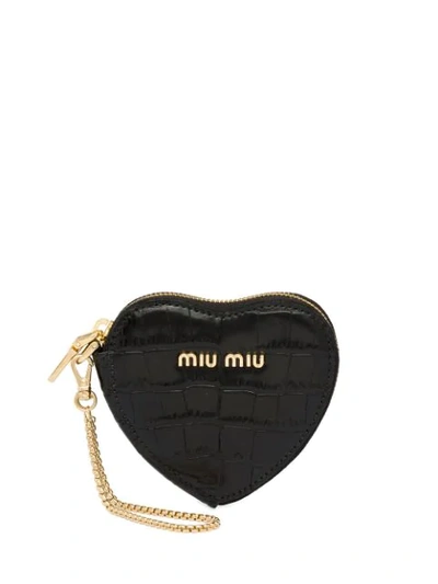 Shop Miu Miu Crocodile Print Heart Keychain In Black