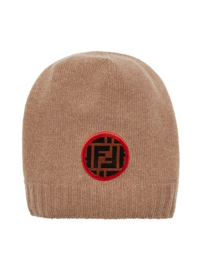 Shop Fendi Ff Logo Patch Beanie - Neutrals
