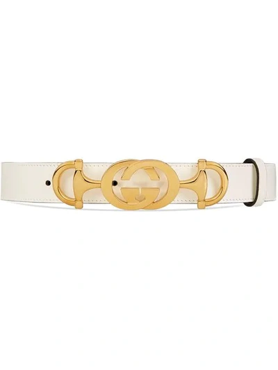 Shop Gucci Leather Belt With Interlocking G Horsebit In White