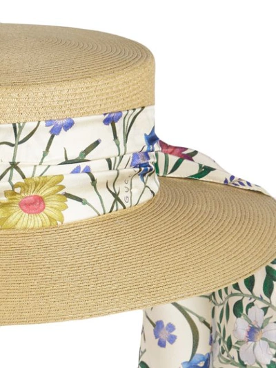 Shop Gucci Papier Hat With New Flora Ribbon In Neutrals