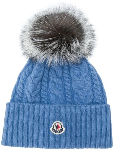Shop Moncler Cable Knit Pompom Hat In Blue