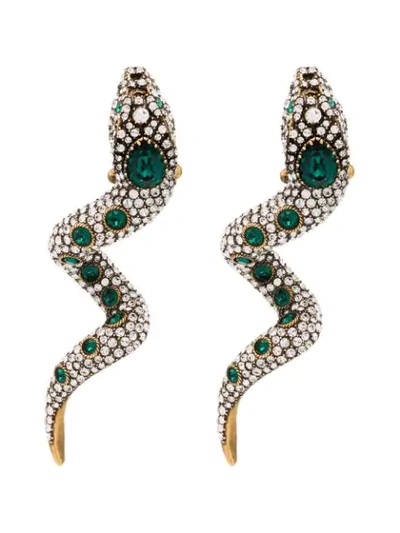Shop Gucci Snake Motif Crystal-embellished Earrings In Green