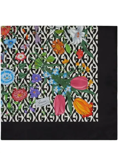 Shop Gucci Flora Print Scarf In Black ,multicolour