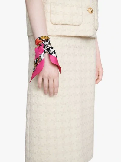 Shop Gucci Silk Neck Bow With Retro Flowers And Houndstooth In Pink