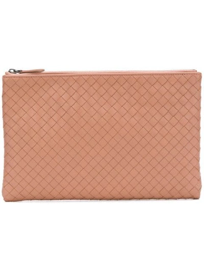 Shop Bottega Veneta Intrecciato Zipped Clutch In Neutrals