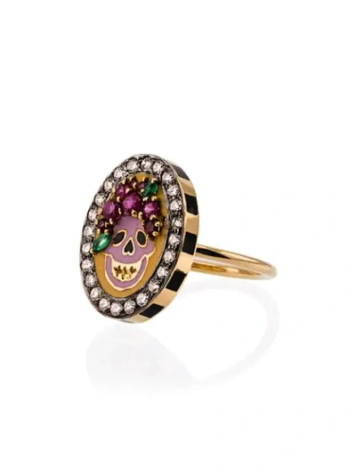 Shop Holly Dyment 18k Yellow Gold Skull Diamond Sapphire Ring In Multi