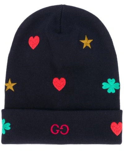 Shop Gucci Embroidered Beanie In Blue