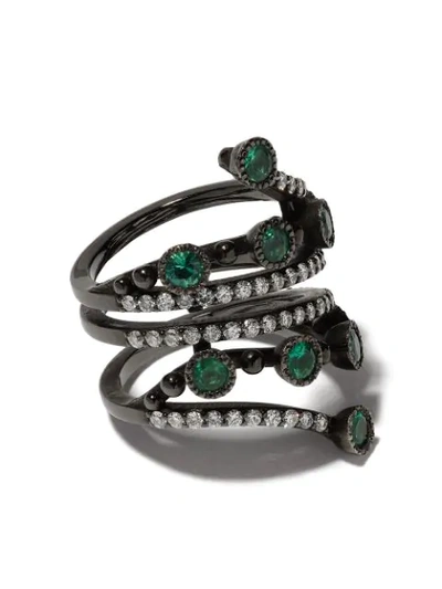 Shop Colette 18kt Black Gold Emerald And Diamond Wrap Ring