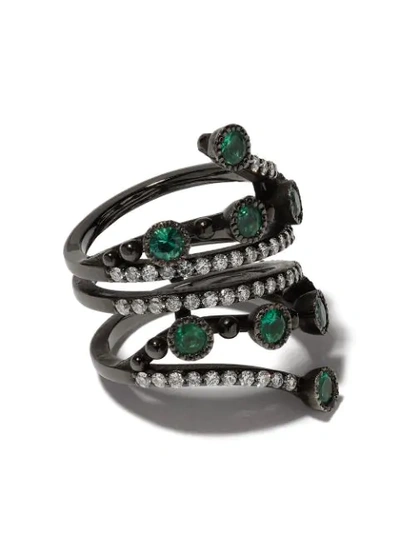 COLETTE 18KT BLACK GOLD EMERALD AND DIAMOND WRAP RING