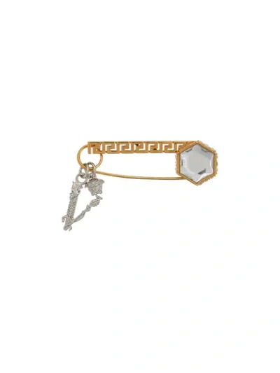 Shop Versace Greek Key Motif Brooch In Gold