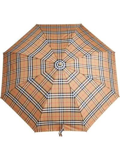 Shop Burberry Vintage Check Folding Umbrella In Yellow