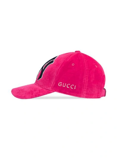 GUCCI NY Yankee Embroidered Fuchsia Pink Velvet Baseball Hat 539836