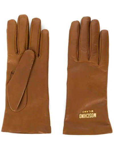 Shop Moschino Logo Plaque Gloves In Brown