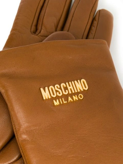 Shop Moschino Logo Plaque Gloves In Brown