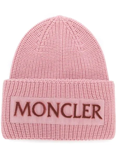 Shop Moncler Rib Knit Logo Beanie - Pink