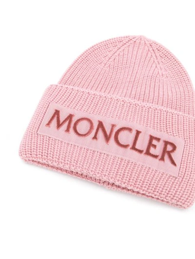 Shop Moncler Rib Knit Logo Beanie - Pink