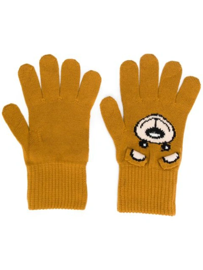 Shop Moschino Intarsia Teddy Gloves In Brown
