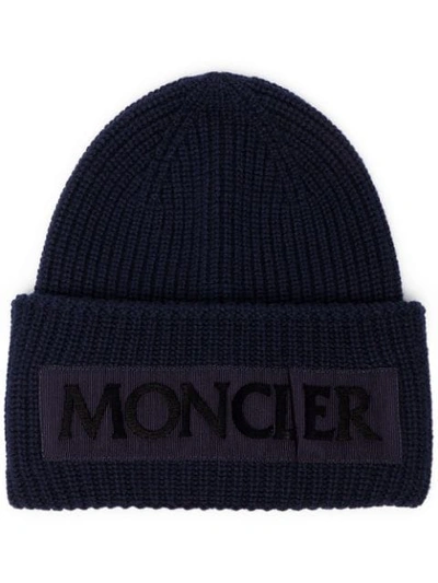 Shop Moncler Front Logo Knit Cap - Blue