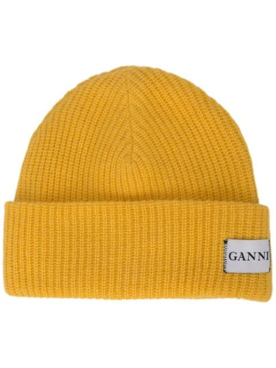 Shop Ganni Ribbed Beanie In Yellow