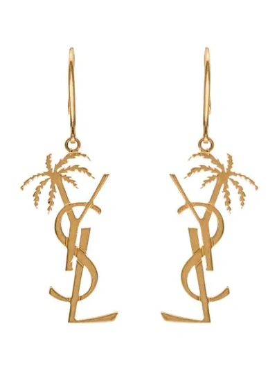 Shop Saint Laurent Monogram Palm Tree Earrings In Gold