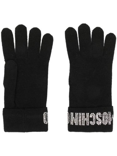 Shop Moschino Crystal Embellished Logo Gloves In Black