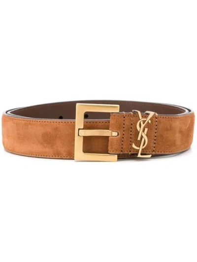 Shop Saint Laurent Monogram Plaque Belt In Brown