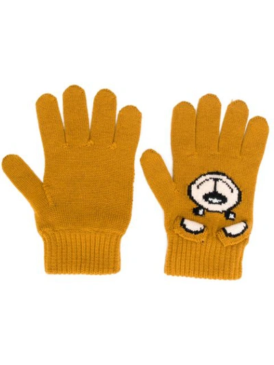 Shop Moschino Knitted Teddy Gloves In Brown