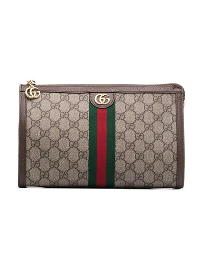 Shop Gucci Beige And Brown Gg Logo Leather Makeup Bag