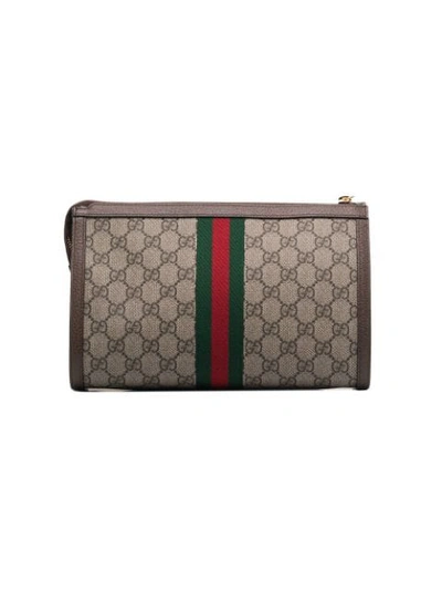 Shop Gucci Beige And Brown Gg Logo Leather Makeup Bag