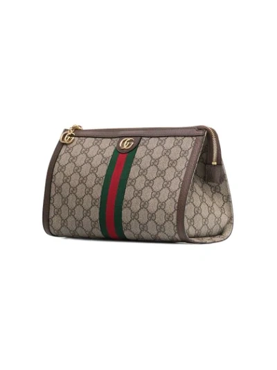 Shop Gucci Beige And Brown Gg Logo Leather Makeup Bag