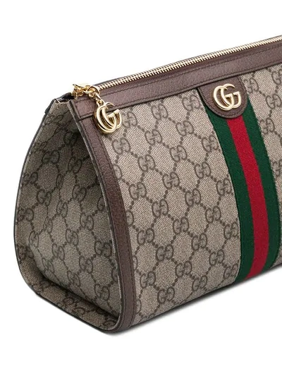 Shop Gucci Beige And Brown Gg Logo Leather Makeup Bag