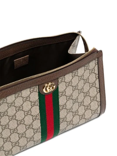 Shop Gucci Beige And Brown Gg Logo Leather Makeup Bag