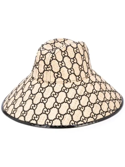 Shop Gucci Gg Pattern Woven Hat In Brown