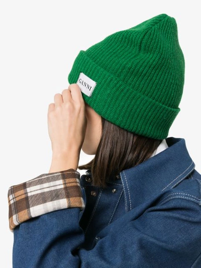 Shop Ganni Green Knit Logo Beanie