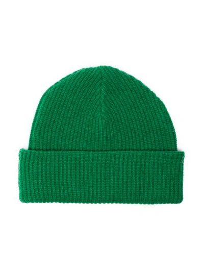 Shop Ganni Green Knit Logo Beanie