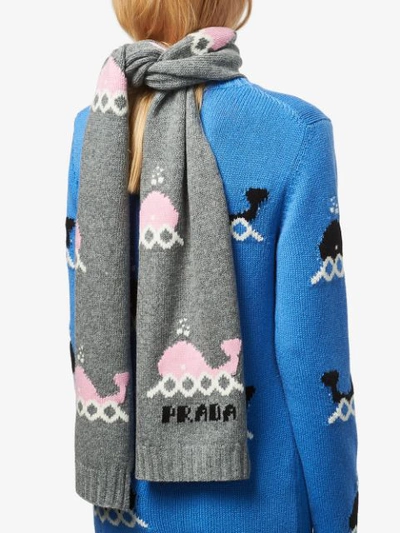 Shop Prada Whale Intarsia Knit Scarf In Grey