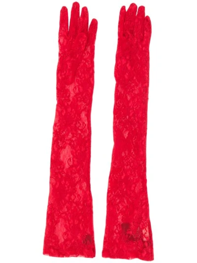 Shop Gucci Floral Tulle Gloves In Red