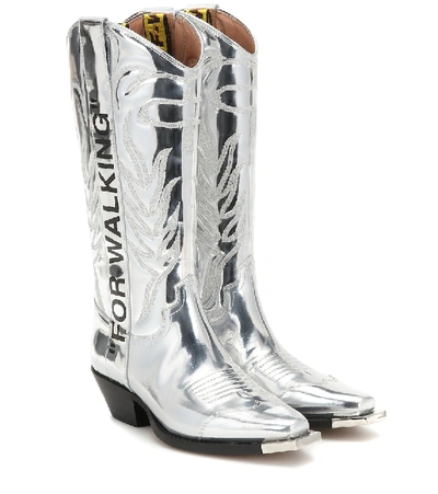 Shop Off-white For Walking Metallic Leather Boots In Silver