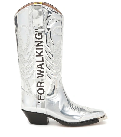 Shop Off-white For Walking Metallic Leather Boots In Silver