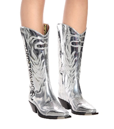 Shop Off-white For Walking Metallic Leather Boots In Silver