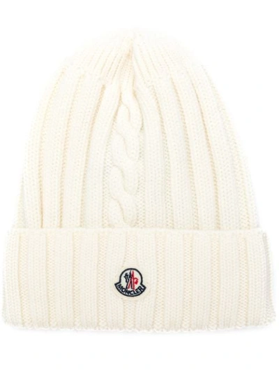 Shop Moncler Logo Patch Beanie - Neutrals