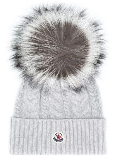 Shop Moncler Cable-knit Pompom Beanie In Grey