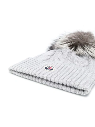 Shop Moncler Cable-knit Pompom Beanie In Grey